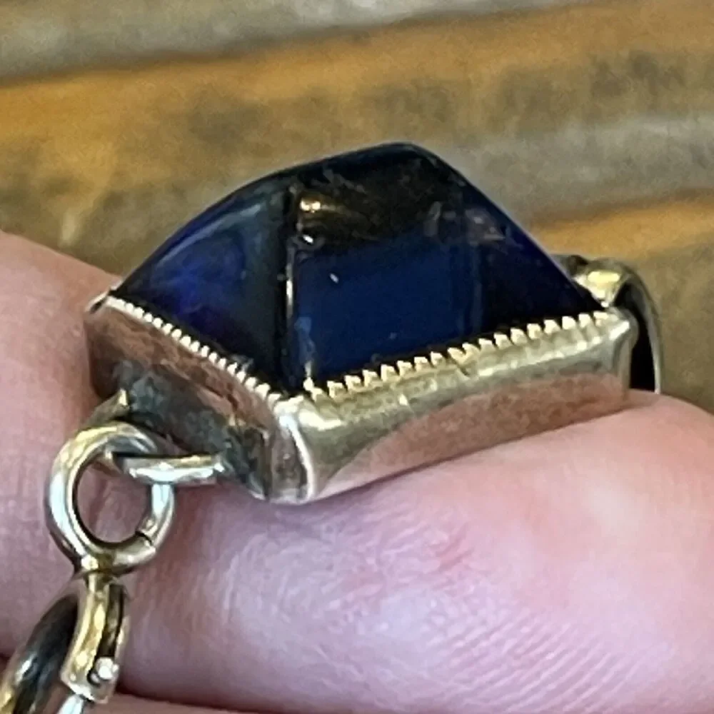 Vintage Art Deco Sterling Silver & Blue Glass Sugarloaf Cabochon Bracelet 8